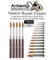 Resim Fırçası 7 Numara 5 li 1 Paket Samur Yuvarlak Uçlu Fırça Seti Guaj Sulu Akrilik Yağlı Boya Fırçaları (Naturel)