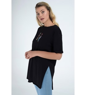 9112913 Süprem Önü Nakışlı Kısa Kol Tshirt SIYAH (Siyah)