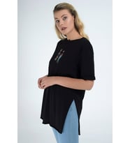 9112913 Süprem Önü Nakışlı Kısa Kol Tshirt SIYAH (Siyah)