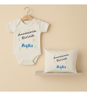 Pia Baby B29 %100 Pamuk Annesinin Biricik Aşkı Yazılı İsme Özel Bebek Body Ve Yastık Kılıfı (Ekru)