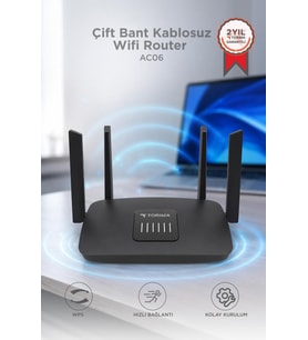 Torima Çift Bant Kablosuz Wifi Router 1200Mbps 2.4GHz ve 5GHz 4 Antenli AC06 Siyah