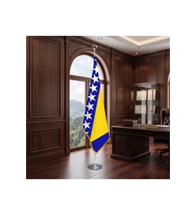 Bosna Hersek Direkli - Altın Saçaklı Saten Makam Bayrağı Seti (Krom Direk)
