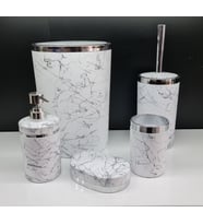 Akrilik Yapım Gümüş Çizgi Siyah Mermer Desen Soft Banyo Takımı 5'li Yuvarlak Banyo Seti Beyaz