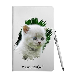 Kişiye Özel Kedi Tasarımlı Beyaz Defter Kalem Hediye Seti