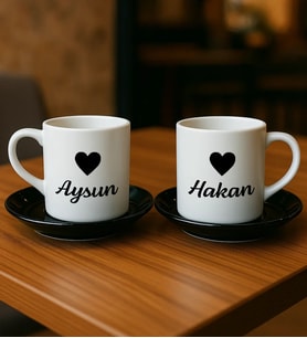 BK Gift Kişiye Özel İsimli 2'li Siyah Tabaklı Türk Kahvesi Fincanı-1, Arkadaşa Hediye, Sevgiliye Hediye, Eşe Hediye