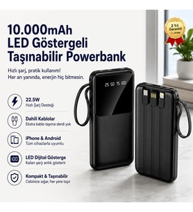 10.000mAh LED Ekranlı Dahili Kablo Powerbank 22.5W Hızlı Şarjlı Ultra İnce Tasarım Taşınabilir Powerbank