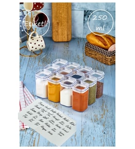 Etiketli 12'li Akrilik Baharatlık Kavanoz 250 Ml Saklama Kabı