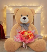 LED Işıklı Pembe-Beyaz Kelebek Buketi – 25 Kelebekli & 90 cm Büyük Peluş Ayı