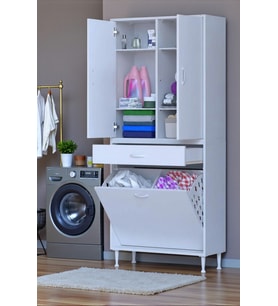 Eliusta Wall Beyaz Banyo Dolabı 70 cm İki Göz Bölmeli Sepet 70x171x32,5 cm 4 Raflı Mutfak/Banyo Dolabı