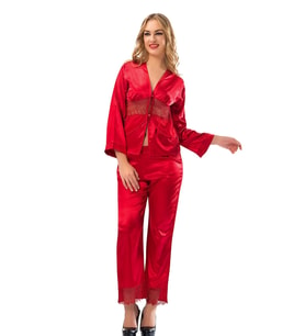 Yeni Sezon Rahat Çeyizlik Kadın Büyüleyici Şık Zarif Kırmızı Saten Pijama Takımı