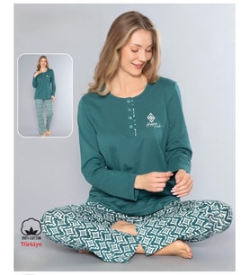 Melodi Kadın Standart Kalıp %100 PAMUK Düğmeli Yaka Uzun Kol Baharlık Pijama Takımı 16167- 1 Adet (Yeşil)