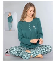 Melodi Kadın Standart Kalıp %100 PAMUK Düğmeli Yaka Uzun Kol Baharlık Pijama Takımı 16167- 1 Adet (Yeşil)