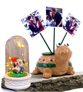 Kişiye Özel Hediye Seti 3 Fotoğraflı Sevimli Kaplumbağa ve Led Işıklı Fanus (Model 4)