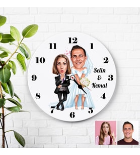 Karikatürlü Gelin ve Damat Özel Kişiye Özel Duvar Saati