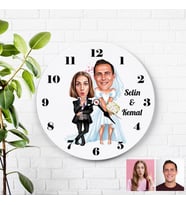 Karikatürlü Gelin ve Damat Özel Kişiye Özel Duvar Saati