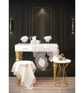 Krem-Kapiçino Bellisima Model 5 Parça Keten Dantelli Salon Takımı Runner Seti No 800