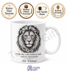 Aslan Temalı Güç Sembolü Baskılı Kupa Bardak Hediye Porselen Mug