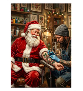 Dövmecide Dövme Yaptıran Noel Baba Dekoratif Kanvas - Mdf Ahşap Tablo
