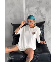 Unisex Bisiklet Yaka Baskılı Oversize T-Shirt - Beyaz