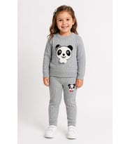 1-5 Yaş Kız Çocuk Panda Desenli Saç Örgü Kışlık Triko Takım 23217