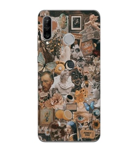 Huawei P30 Lite Uyumlu Aesthetic Sanatsal Kolaj Desenli Şeffaf Telefon Kılıfı