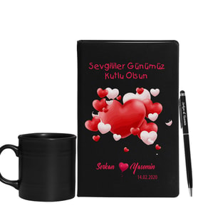 Sevgililer Gününe Özel Siyah Defter Kalem & Varil Kupa Hediye Seti 30