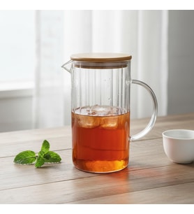 1000 ML Bambu Kapaklı Borosilikat Cam Yağlık ve Sürahi - Isıya Dayanıklı Çizgili (Line) Desenli Modern Meşrubat ve Su Karafı (9x17 cm)