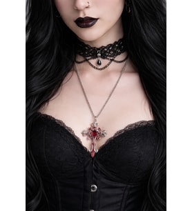 Gotik Kırmızı Renkli Haç Kolye Gümüş Renk Zincir Unisex