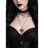 Gotik Kırmızı Renkli Haç Kolye Gümüş Renk Zincir Unisex