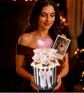 Kişiye ÖZEL Fotoğraflı ve Mesajlı Premium Silindir Kutuda, LED Işıklı Kalpli Balonlu 6’lı Pembe Ayıcık Buketi  Anneler Gününe ÖZEL