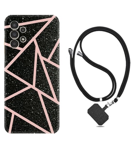 Samsung Galaxy M14 Kılıf Resimli Boyun Askılı İpli Desenli Silikon Pembe Şeritli Mermer 1312