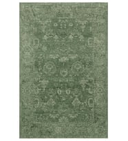 Yeşil Bej Madalyon Desenli Eskitme Polyester Klasik Halı Kiramo Vintage Bordürlü
