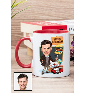 Erkek Türkçe Öğretmenine Hediye Karikatürlü Kırmızı Kupa Bardak
