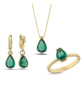 Peridot Damla Taşlı Gümüş Takım  TKM12 (Gold)