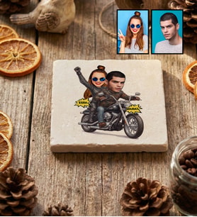 Kişiye Özel Karikatürlü Motorlu Sevgililer Bardak Altlığı Sevgililer Günü Hediyesi