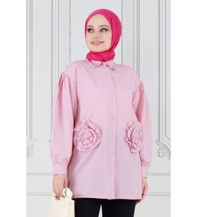 Önü Gül Detaylı Tunik-Pembe