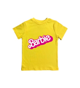 Barbie baskılı pamuklu penye kumaş yazlık çocuk tişört (Sarı)