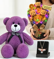 Kişiye Özel Renkli LED Işıklı Ayıcık Buketi, Renkli Anka Kuşu Kolye ve 50 cm Mor Peluş Ayıcık Seti