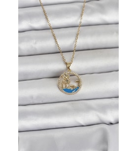 316L Çelik Zincir Gold Renk Zirkon Taşlı Deniz Temalı Kadın Kolye 5886 - LOHO5520-7864