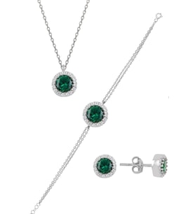 Söğütlü Silver Gümüş rodyumlu zirkon ve  kök zümrüt taşlı pırlanta modeli üçlü set