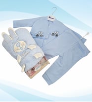 Tavşan Tasarımlı Mavi Bebek Havlusu & Mavi  Renk Bebek Takımı & Mavi  Patik Hediye Seti