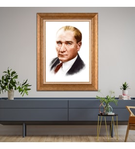 Altın Varaklı Çerçeveli Paspartulu Atatürk Tablo DC0737 (Gold)