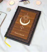 Ay Güneş Desenli Termo Deri + Ahşap Anı Defteri - Çizgili Defter - Hediyelik (17x24 cm- 320 Sayfa)