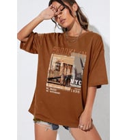 Unisex Brooklyn Baskılı Tasarım Tshirt (Kahverengi)