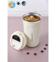 510ml Termos, Dokunmatik Derece Göstergeli Bardak Termos, Vakumlu Termos, Mug Termos, Çelik Termos (Krem)
