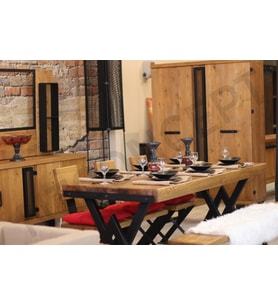 NTConcept Kalın Kenar Banklı Loft Sandalyeli Doğal Ahşap Yemek Masası Takımı (Bank + 4 Sandalye)