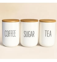 3’lü Seramik Bambu Kapaklı Beyaz Kavanoz Seti 1000 ML – Coffee/Sugar/Tea – Bambu Kapaklı