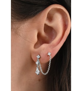 925 ayar gümüş rodyumlu kristal kesim zirkon taşlı çift delikli kullanılabilen gümüş zincir küpe SGTL13072RODAJ