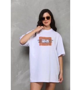 Unisex Bisiklet Yaka Baskılı Oversize T-Shirt - Beyaz