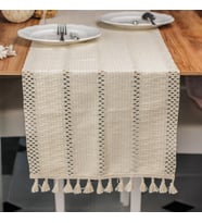 Örme Masa Örtüsü Püsküllü Runner Krem Masa Örtüsü Organik Pamuk Runner 35x145 Cm Masa Üstü Runner